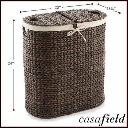 Casafield Oval Laundry Hamper with Lids and Removable Liner Bags - Espresso, Woven Water Hyacinth 2-Section Laundry Basket Sorter for Clothes and Towels