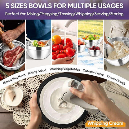 Herogo 5-Piece Mixing Bowls with Visible Lids, 3 Grater Attachments, Stainless Steel Salad Serving Bowls for Kitchen, 4.6/3.5/2.5/2/1.5 QT Ideal for Prepping & Cooking, Black