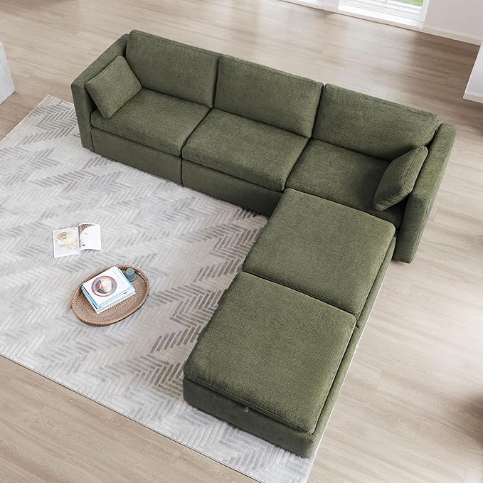 CHITA Oversized Modular Cloud Sectional Fabric Sofa Set, FSC Certified U Shaped Couch Reversible Chaise Modular Sectional,112 inch Width,5 Seat Modular Sofa Includes 2 Storage Ottomans, Moss Green