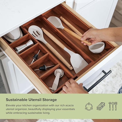 KitchenEdge Adjustable Kitchen Drawer Organizer for Utensils and Junk, Food-Safe Contract Grade with 100% Sustainable Wood, Non-Slip, Expandable from 10.5 to 18.5 Inches Wide - Natural Acacia