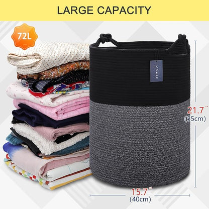 COMSE Extra Large Blanket Basket, Tall Woven Storage Basket, Nursery Hamper, 15.7”x 21.7”, Cotton Rope Laundry Hamper for Toys Clothes Towels, Black