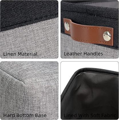 DULLEMELO Large Collapsible Storage Basket/Bin with Sturdy Leather Handles, Fabric Organizer Bin for Storage Clothes, Toys, Books, Office, Bedroom, Closet, Nursery & Laundry (Black&Gray)