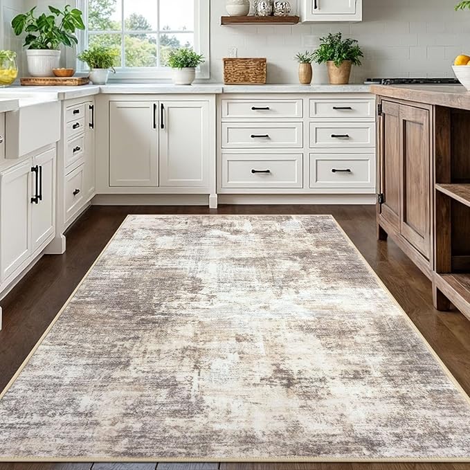 IOHOUZE Abstract Area Rugs 5x7 Ft Washable Rugs for Living Room, Non Slip Dining Room Rug, Printed Faux Wool Rugs for Bedroom, Floor Carpet for Office Nursery Playroom, Beige Brown