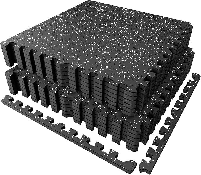 PRAISUN 0.6" Thicker Gym Mat, 12 Tiles 48 Sq Ft Workout Mats, Interlocking Foam Tiles with Rubber Top, High Density EVA Foam, Exercise Mat, Gym Flooring for Home Gym, Garage, 24 x 24in, Black/Grey