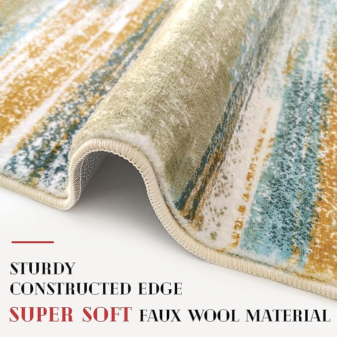 Modern Abstract Runner Rug 2x5, Green Mustard Multi Washable Entryway Kitchen Runner Non-Slip Soft Hallway Rug Runner Thin Print Faux Wool Carpet for Bedroom Laundry Room Indoor