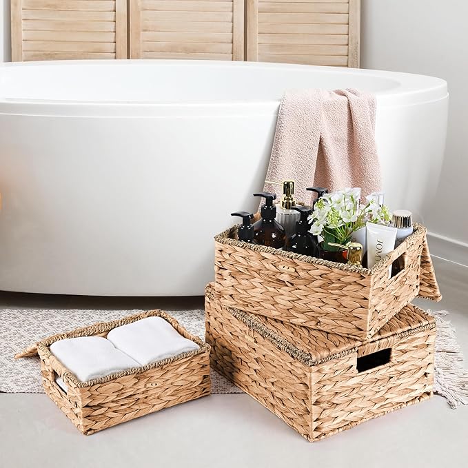 Wicker Storage Baskets with Lids and Handles, Hand Woven Rattan Storage Bins Box, Set 3 Natural Water Hyacinth Decorative Large Small Basket Container for Shelves, Bathroom Organizing
