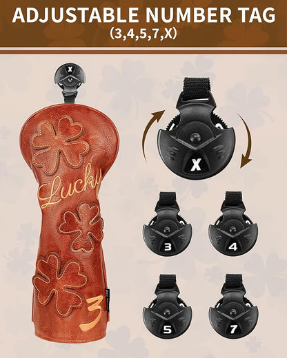 Golf Headcovers Golf Club Head Covers Four Leaf Clover Good Luck Charm - Clover Style Premium Leather Driver Fairway(FW) Wood Hybrid(UT) with Number Tags