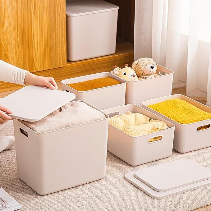 Plastic Storage Bins with lids,Storage Baskets,Container with handle,Storage Organizer Bins for Shelves,Office,Bedrooms,Closets, Cabinets(Grey，4XL)