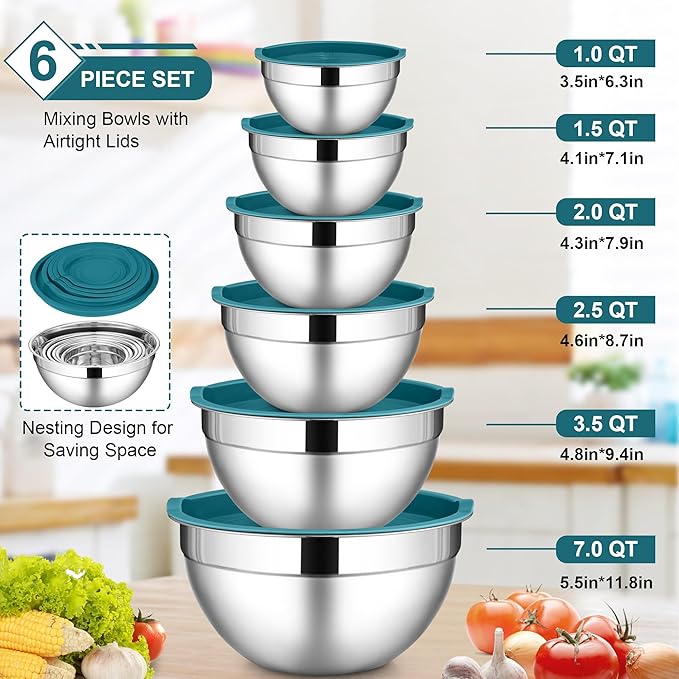 LIANYU 6 Piece Stainless Steel Mixing Bowls, Large Metal Bowls with Airtight Lids Set, 7 & 3.5 & 2.5 QT 2 & 1.5 & 1QT, Kitchen Nesting Bowls for Cooking Prepping Food Storage, Dishwasher Safe, Blue