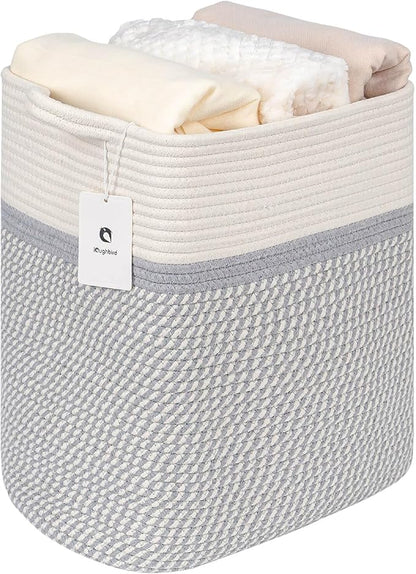 Medium and Large Woven Basket//With Handle, Used for Toys and Fabric Storage Basket used for Storing xl Storage Box, Decorative Storage Box Room (14L*15.7H TWhite/Gray, 14L*10W*15.7H)