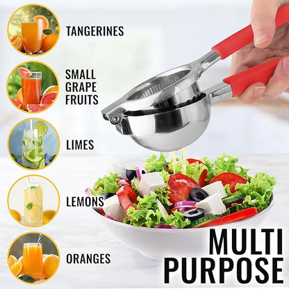 Zulay Lemon Squeezer Stainless Steel with Premium Heavy Duty Solid Metal Squeezer Bowl and Food Grade Silicone Handles - Large Manual Citrus Press Juicer and Lime Squeezer Stainless Steel (Red)