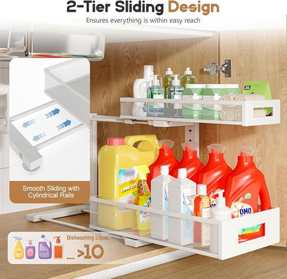 2 Pack 17IN Depth Under Sink Storage Organizer, Large 2-Tier Elegant Mesh Pull Out Shelf for Kitchen and Bathroom Cabinet Organization, L-Shaped and Adjustable Height Design-White