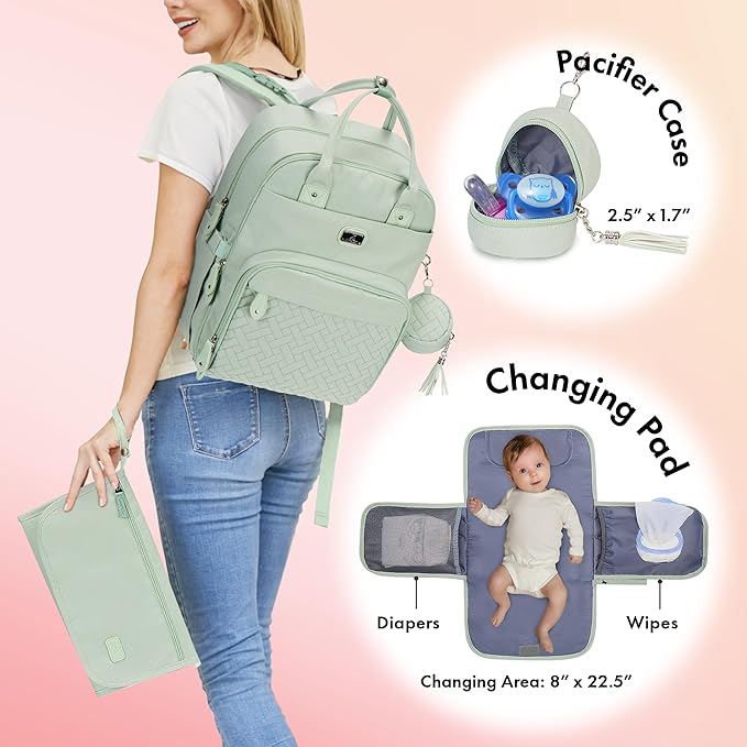 Dikaslon Diaper Bag Backpack with Portable Changing Pad, Pacifier Case and Stroller Straps, Large Unisex Baby Bags for Boys Girls, Multipurpose Travel Back Pack for Moms Dads, Mint Green