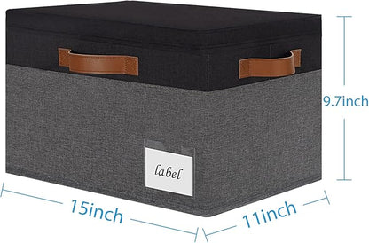 Large Storage Bins with Lids, Foldable Fabric Storage Baskets with Lids, Sturdy Storage Boxes with Labels and 3 PU Handles for Closet Home Bedroom Office (26L, 3 Packs, Grey&Black)