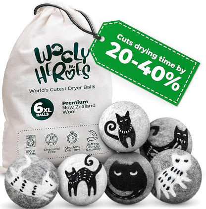 No More Dryer Sheets! Reusable Wool Dryer Balls XL 6-Pack - Reduces Static, Cuts Dry Time, & Softens Naturally