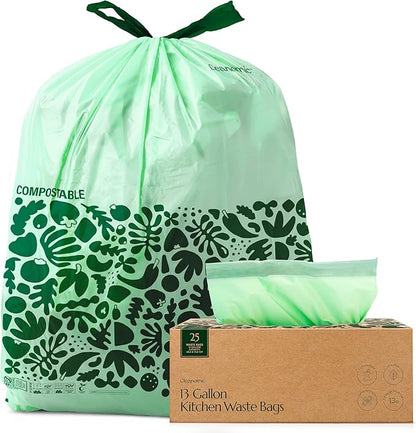 Cleanomic Compostable* Trash Bags with Drawstring (13 Gallon, 25 Units, Tall), BPI Certified For Kitchen Compost