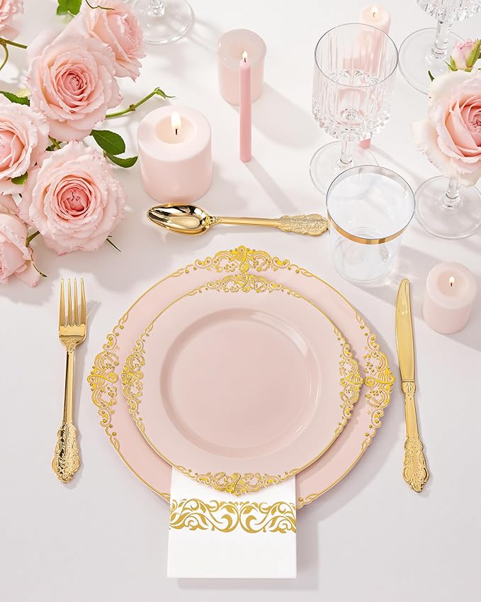 Nervure 350PCS Pink Plastic Plates - Pink Dinnerware Sets for 50 Guests - 100 Disposable Plates, 150 Gold Plastic Silverware, 50 Cups, 50 Napkins for Wedding & Party