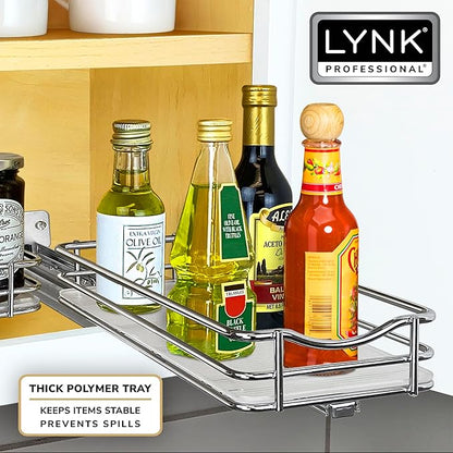 LYNK PROFESSIONAL® Pull Out Spice Rack Organizer for Inside Kitchen Cabinets - 4-1/4 inch Wide - Slide Out Drawer – Chrome Sliding Spice Cabinet Organization Shelf Racks - 1 Tier