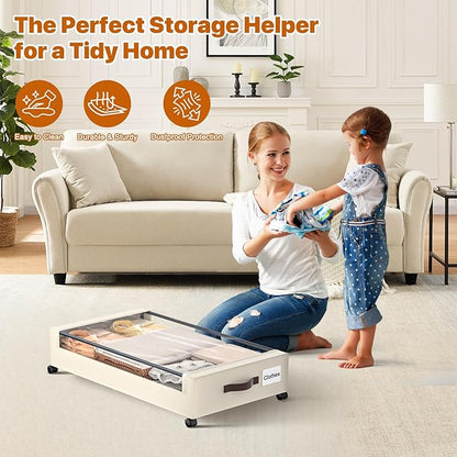 Under Bed Storage with Wheels, 4 Pack Under Bed Storage Containers with Clear Lids, XXL 60L Under-Bed Organizers for Clothes, Shoes – Durable Storage Bins with Smooth Rolling Wheels (White, 4 Pack)