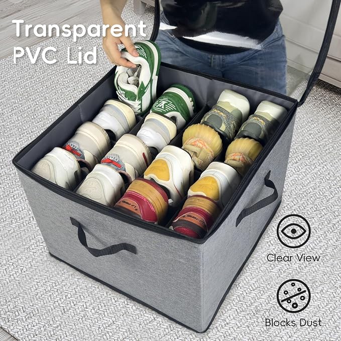 Shoe Organizer for Closet, 3 Pack Shoe Storage Bins with Clear Cover, Adjustable Dividers Fits 24-48 Pairs, Grey