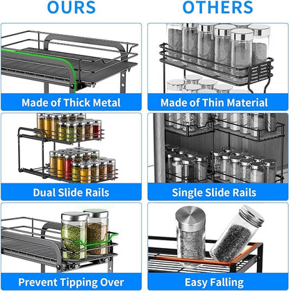 RCHYFEED Spice Organization for Cabinet, 2 Tier Pull Out Spice Rack for Seasoning Organizer, Height Adjustable Heavy Duty Metal Basket for Inside Cabinets & Pantry Closet(5.5" Wx10.5 Dx9.5 H)