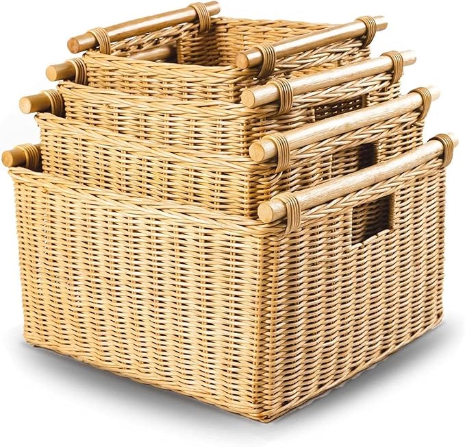 The Basket Lady Deep Pole Handle Wicker Storage Basket, Extra Large, 17.5 in L x 18 in W x 11.5 in H, Sandstone