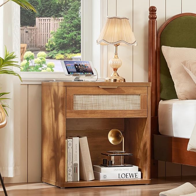 LEYAOYAO Rattan Nightstands Set of 2 with Charging Station, Natural Wood Night Stand with Drawer, 23" Wide Boho Bedside Table Open Cabinet, Bed Side Table Dresser for Bedroom, Living Room, Entrance