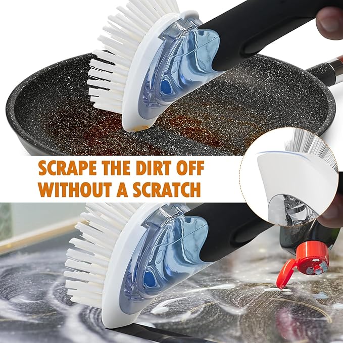 Soap Dispensing Replacement Dish Brush Storage Set with 2 PCS Brush Refills & Holder - RIMAY Dispenser Scrub Cleaning Scrubber Kitchen Dishwashing Dish Wand Handle for Dishes/Pans/Pots/Sink(Black)