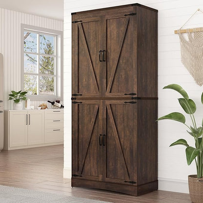 71in Farmhouse Kitchen Pantry Cabinet,Tall Storage Cabinet with 4 Doors and Adjustable shelves,with Load-Bearing Steel Pipe,Wood Storage Cabinets for Kitchen,Dining Room,Bathroom(Brown)