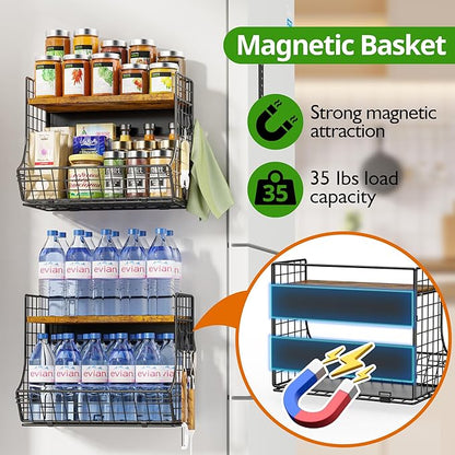 Magnetic Shelf for Fridge with Wood Lid, Fruit Potato and Onion Storage Bins, Pantry Organizers and Storage, Strong Magnetic Spice Rack for Refrigerator, Kitchen Counter and Laundry Room