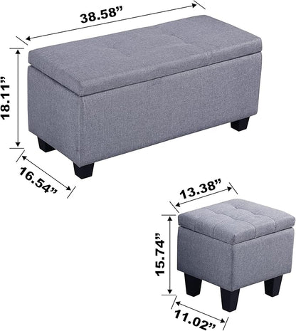 Hinged Storage Ottoman Set of 3, 38'' Living Room Storage Bench with Thick Seating, 2pcs Small Square Dorm Stool Couch Side Foot Rest