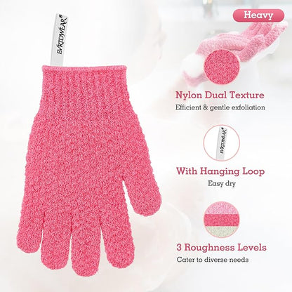 Evridwear Exfoliating Gloves for Shower, 100% Nylon Thick Soft Medium Heavy Bathing Gloves Dead Skin Remover Body Scrubber Smooth Skin with Hang Loop, 3 Pairs Heavy Hot Pink
