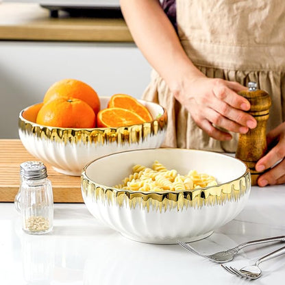 LETAOTAO Serving Bowls, 8 inch Large Salad Bowls, Ceramic Bowl Set of 2 White Bowl with Gold Trim, Kitchen Decorative Bowls Set for Kitchen, Salad, Soup, Pasta and Dinner(60 oz)