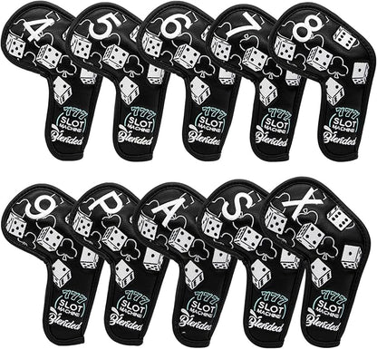 Golf Iron Covers Lucky 777 Golf Iron Headcover 10pcs Synthetic Leather Golf Clubs Iron Covers for Golf Clubs Head Covers for Irons with Magic Tape Fit All Brands