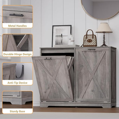 Tilt Out Trash Can Cabinet for 2 Bins, Hidden Recycle Garbage Bin Enclosure, Wooden Double Laundry Cabinet with Odor Control, Negative Ion & Ozone, for Kitchen, Bathroom, Laundry Room