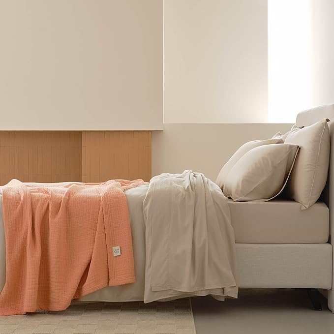 Double Stitch Cotton Tencel Duvet Cover - Queen Size Comforter Cover, Luxury & Soft Eucalyptus Lyocell Bedding Set for Hot Sleepers, Cooling & Breathable, Button Closure, Sandstone, 90"x90"
