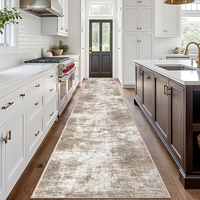 IOHOUZE Abstract Runner Rug 3x18 Ft Extra Long Washable Runners for Hallways, Non Slip Kitchen Runner Printed Faux Wool Entryway Runner Indoor, Modern Abstract Floor Carpet for Hall Stair, Beige Brown