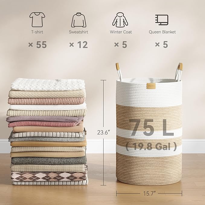 75L Striped Laundry Hamper with Leather Handles,Large Foldable Laundry Basket for Clothes,Cotton Rope Storage Bin for Blankets,Woven Clothes Basket for Bedroom,Beige Stripes