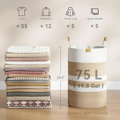 75L Striped Laundry Hamper with Leather Handles,Large Foldable Laundry Basket for Clothes,Cotton Rope Storage Bin for Blankets,Woven Clothes Basket for Bedroom,Beige Stripes
