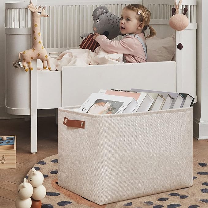 DULLEMELO Storage Baskets Large 16"x12"x12" Tall Rectangular Baskets Fabric Storage Bins for Organizing [1 Pack] Collapsible Linen Shelf Baskets for Clothes, Toys, Closet, Laundry (Beige)