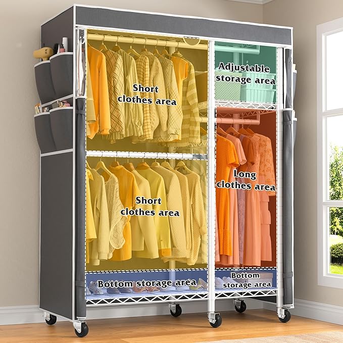 Raybee Clothes Rack with Cover,Clothing Racks for Hanging Clothes with Wheels and Adjustable Feets,Rolling Heavy Duty Garment Rack,White