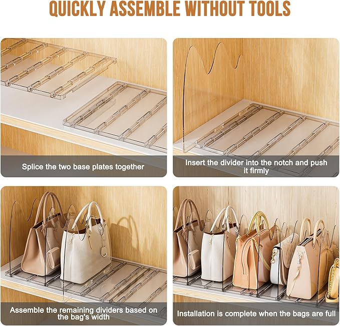 Bag & Purse Organizer for Closet, 2 Pack Adjustable Clear Handbag Storage Holder, Acrylic Shelf Dividers for Closet Organizers and Storage - Keep Carteras & Pocketbook Upright