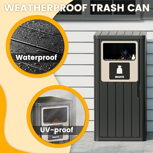 22 Gallon Outdoor Trash Can Waterproof Resin Garbage Can with Waste Labels Outside Trash Bin for Patio Kitchen Commercial Garbage Can Backyard or Deck Black