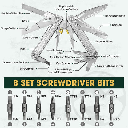 Multitools Pliers Pro, Upgraded Multi Tool With Damascus Knife, Replaceable Wire Cutters and Screwdirver Set, Foldable Multitools with Scissors, Screwdriver, Ideal for Camping,Survival, Repair