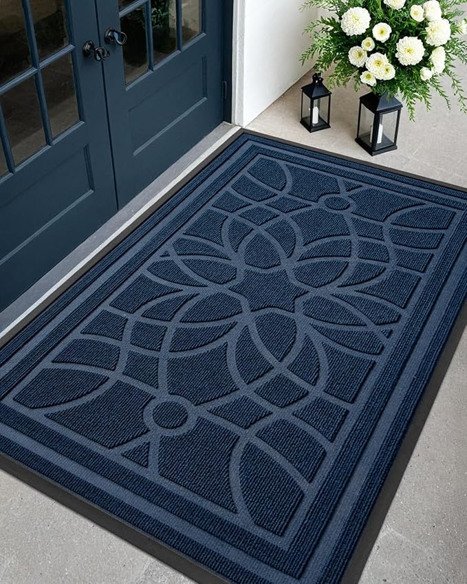 DEXI Front Door Mat Outside Entrance, Heavy Duty Non Slip Low Profile Doormat for Entryway, Trap Dirt and Moisture Welcome Mats, Easy Clean, Patio, Garage, 5x3, Blue