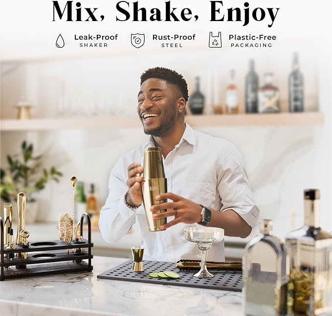 BARE BARREL® Mixology Bartender Kit Bar Set | 14-Piece Cocktail Shaker Set | Martini Barware Mixing Tools for Home Bartending | 35 Recipe Cards | Gift Set (28oz Boston Shaker, Gold/Black)