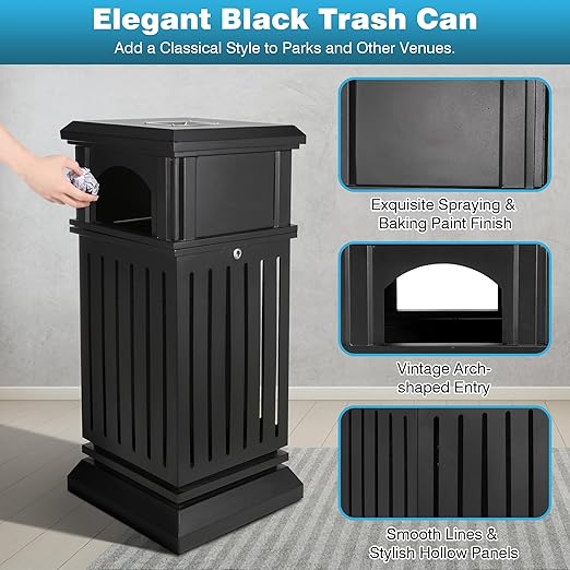 IRONWALLS Commercial Trash Can with Lid, Black Outdoor Garbage Can for Patio, Side Opening Steel Square Commercial Waste Bin, Decorative Trash Container with Removable Inner Bucket for Park, Garden