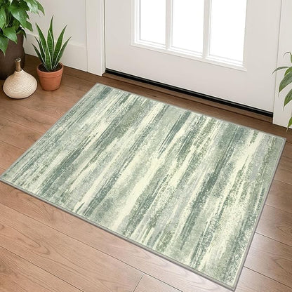 Modern Abstract Entryway Rug Indoor 2x3 Washable Rug Non-Slip Soft Small Area Rug Sage Green Grey Kitchen Mats Thin Print Faux Wool Floor Carpet Throw Rugs for Entrance Bedroom