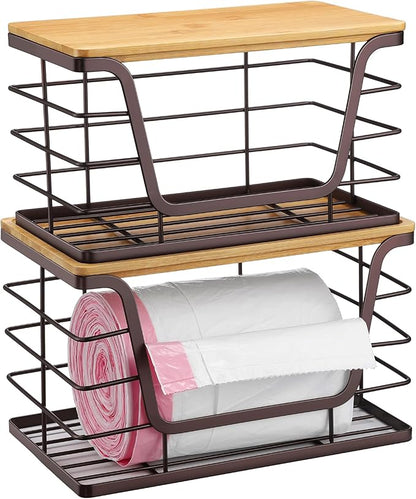 ALOCEO 2 Pack Large Pantry Baskets with Bamboo Lip, Stainless Steel Garbage Bag Holder Dispenser Countertop Storage, Stackable Kitchen Storage Bins for Fruit Onion Potato Vegetable, Brown