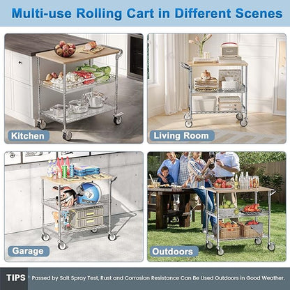 Leteuke Rolling Kitchen Carts with Wheels, 34" L x 17.5" W, 3-Tier Heavy Duty Utility Cart with Wood Tabletop, NSF Commercial Metal Serving Cart with Handle and Shelf Liner for Kitchen, Chrome